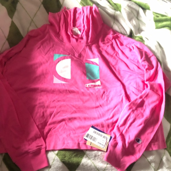 🆕 Champion Oversized Crop logo Hoodie hot pink size XL - Picture 3 of 14
